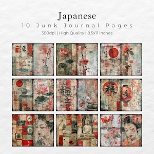 May include: Ten digital collage sheets featuring Japanese-inspired imagery. The sheets include images of flowers, lanterns, a Buddha statue, and a woman in traditional clothing. The sheets are designed for use in junk journals.