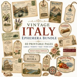 Vintage Italien Ephemera Pack, 50 druckbare Seiten, Italienisches Junk Journal Kit, Toskana Reiseetiketten, druckbare Tags, Collagenpapier