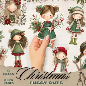 May include: A collection of Christmas-themed fussy cutouts featuring illustrations of girls in festive attire. The girls are depicted in green dresses, hats, and scarves, holding bouquets and surrounded by holly and berries. The text "Christmas Fussy Cuts" is displayed.
