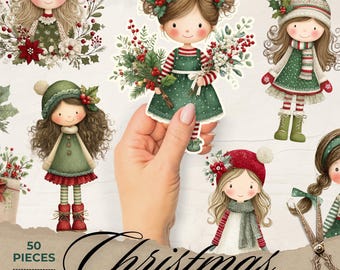 WHIMSICAL Christmas PAPER DOLLS printable kit junk journal cut off | Dolls journaling supplies Collage | fussy cut doll digital