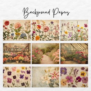 Op de afbeelding: Negen digitale papierachtergronden met vintage bloemenontwerpen. De papieren bevatten een verscheidenheid aan bloemen, waaronder rozen, lelies en viooltjes, in tinten roze, paars, geel en wit. De achtergronden zijn perfect voor scrapbooking, kaartmaken en andere knutselprojecten.