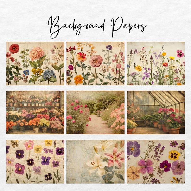 Op de afbeelding: Negen digitale papierachtergronden met vintage bloemenontwerpen. De papieren bevatten een verscheidenheid aan bloemen, waaronder rozen, lelies en viooltjes, in tinten roze, paars, geel en wit. De achtergronden zijn perfect voor scrapbooking, kaartmaken en andere knutselprojecten.