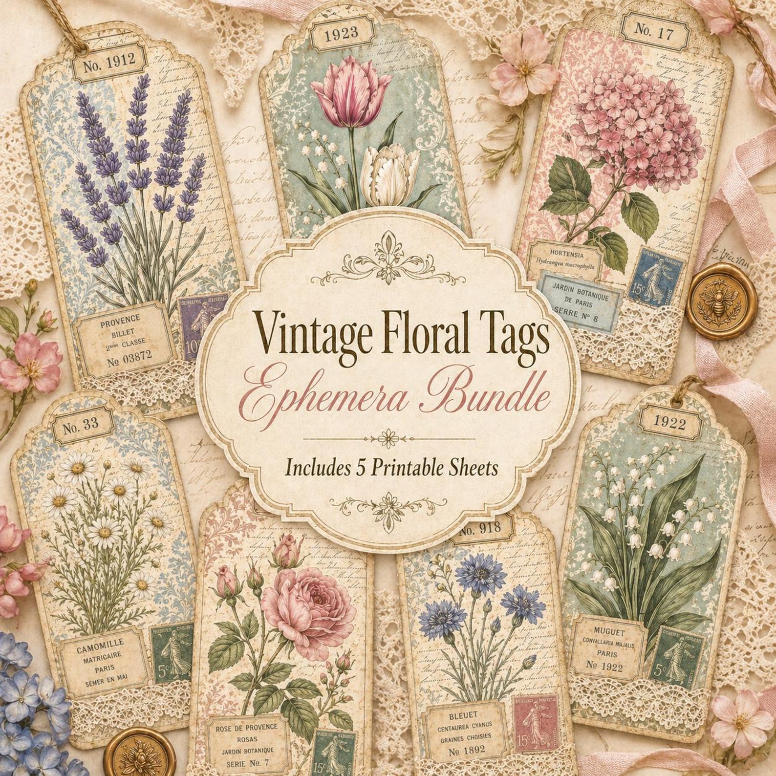 Vintage Floral Tags Ephemera Bundle, Printable Junk Journal Tags ...