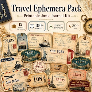 Puede incluir: Una colección de efímeras de viaje de estilo vintage, que incluye billetes, etiquetas y postales. El diseño presenta la Torre Eiffel, la Estatua de la Libertad y otros monumentos. El texto dice "Travel Ephemera Pack" y "Printable Junk Journal Kit."