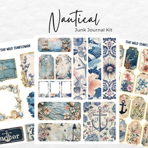 May include: A nautical themed junk journal kit with various images and papers. The kit includes images of anchors, lighthouses, seashells, flowers, and nautical patterns. The kit also includes several blank tags and frames.