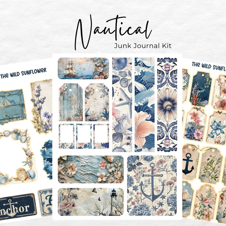 May include: A nautical themed junk journal kit with various images and papers. The kit includes images of anchors, lighthouses, seashells, flowers, and nautical patterns. The kit also includes several blank tags and frames.