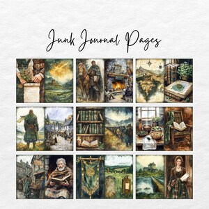 May include: A collage of 12 watercolor illustrations featuring a variety of scenes, including a castle, a library, a forest, and a village. The illustrations are in shades of green, brown, and blue.