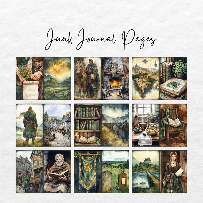 May include: A collage of 12 watercolor illustrations featuring a variety of scenes, including a castle, a library, a forest, and a village. The illustrations are in shades of green, brown, and blue.
