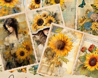 Sunflowers Junk Journal Pages, Vintage Sunflowers Junk Journal Kit, Junk Journal Printable Paper, Digital Collage Sheet, Instant Download