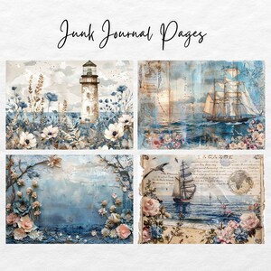 May include: Four digital collage images featuring a lighthouse, a sailboat, and floral designs in shades of blue, white, and pink. The images are perfect for adding a touch of whimsy and nautical charm to your junk journal.