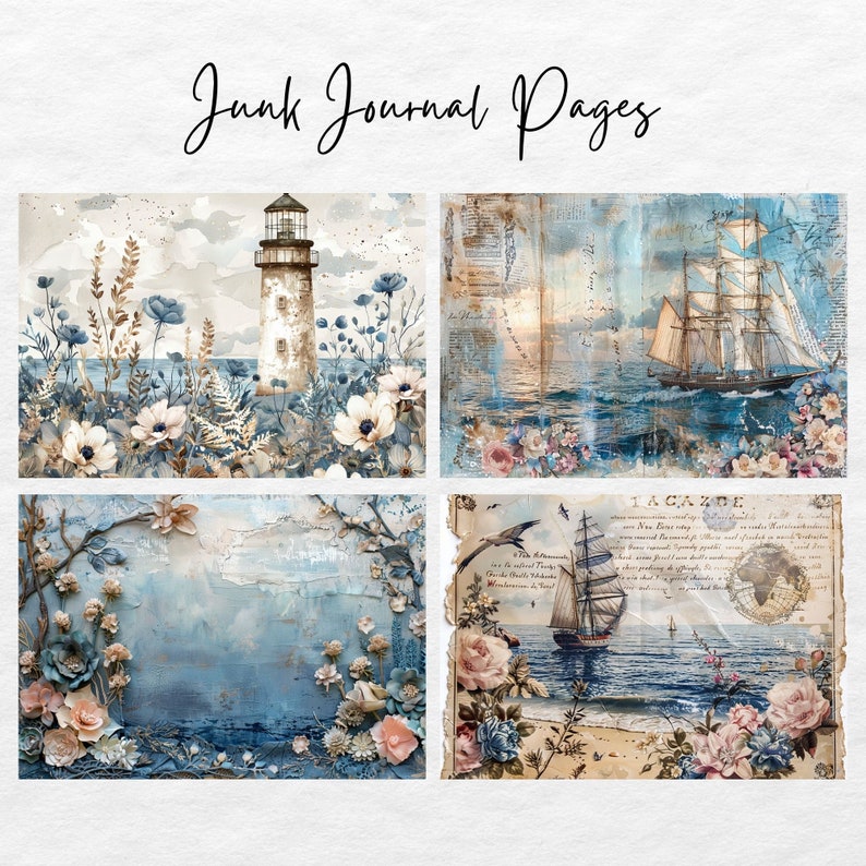 May include: Four digital collage images featuring a lighthouse, a sailboat, and floral designs in shades of blue, white, and pink. The images are perfect for adding a touch of whimsy and nautical charm to your junk journal.