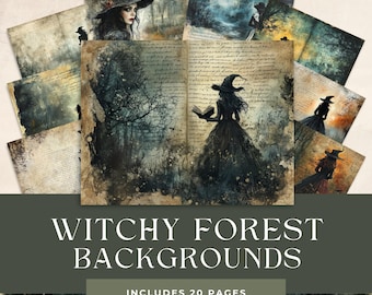 May include: A set of 20 digital backgrounds featuring a witchy forest theme. The backgrounds are a mix of dark and light colors, with a vintage, grunge aesthetic. They include images of witches, trees, and other forest elements.