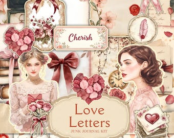 May include: A digital junk journal kit with a vintage aesthetic. The kit includes images of flowers, women, and a clock. The text "Love Letters" and "Cherish" are included in the kit.