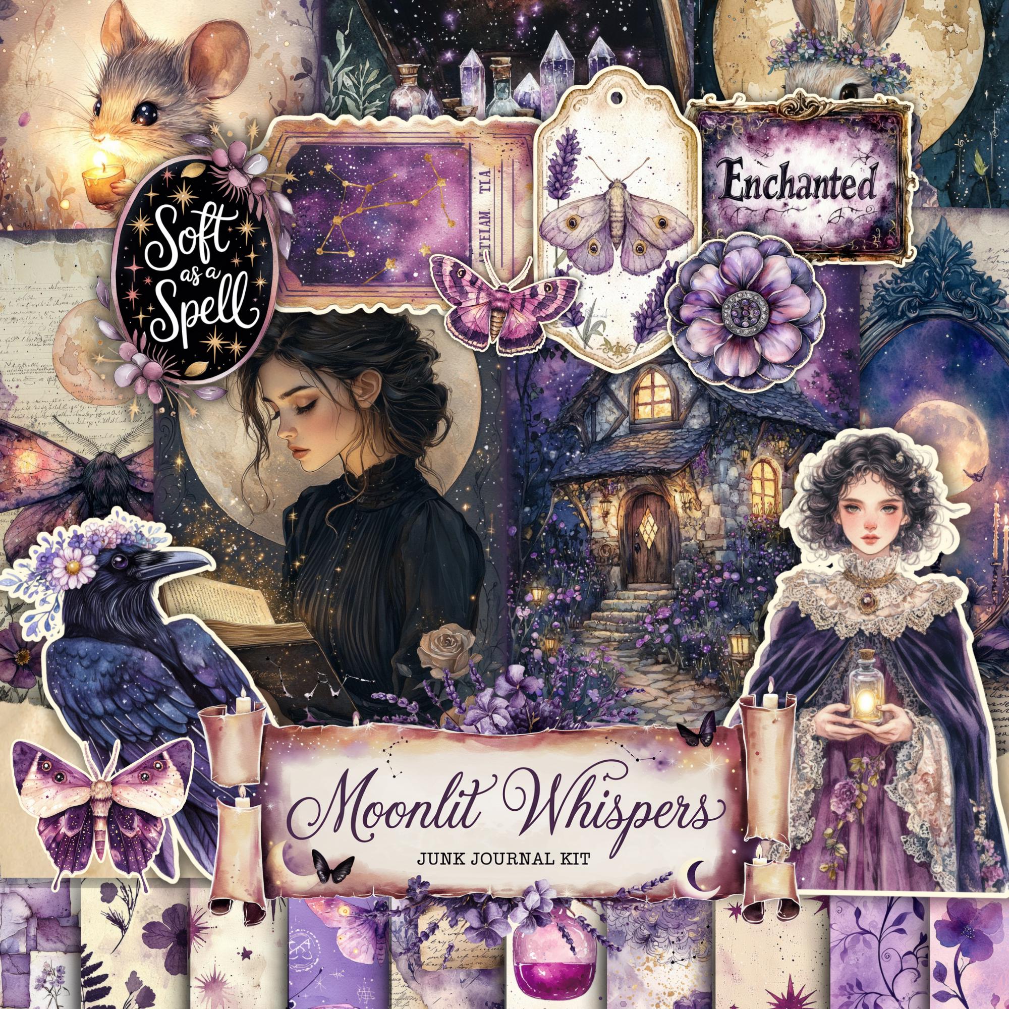 Moonlit Whispers Junk Journal Kit, Celestial, Magical Gothic Fantasy Digital Download Lunar Paper Moonlight Whimsical Forest, apothecary
