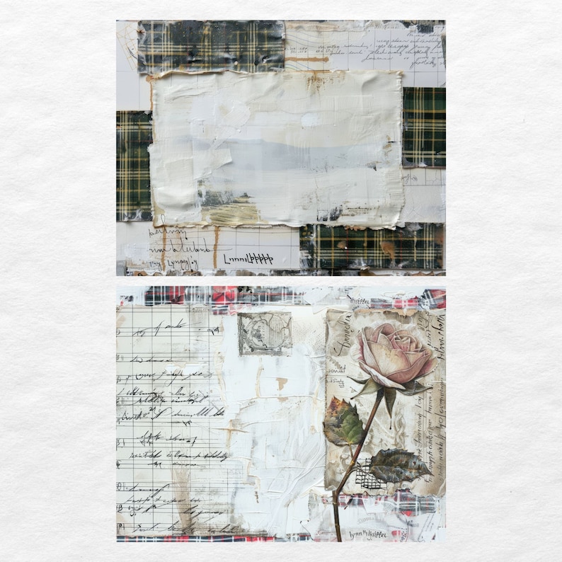 May include: A mixed media collage featuring a white background with a faded image of a landscape. The collage includes handwritten text, a plaid pattern, and a vintage rose illustration.