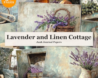 Kit de diario creativo Lavender Cottage, papeles rústicos de estilo granja, páginas de álbum de recortes vintage con estampado floral morado, paquete imprimible de estilo shabby chic.