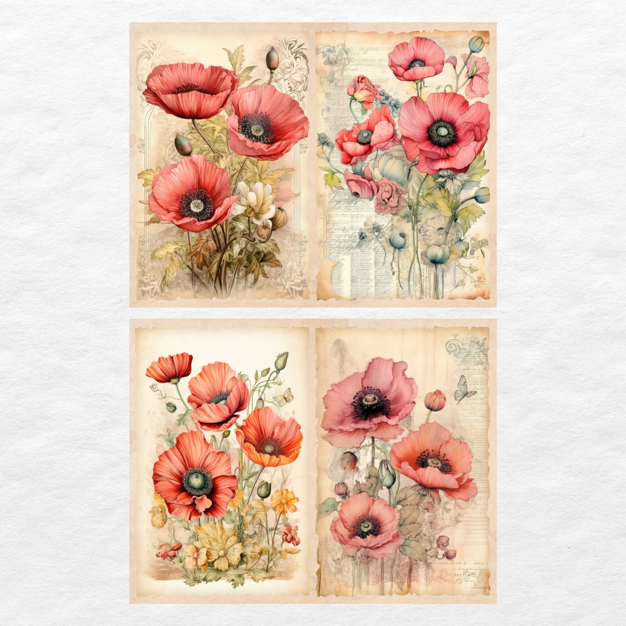 Watercolor Poppies Junk Journal Pages, Poppies Paper, Flower Junk ...