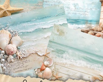 Vintage Beach Junk Journal Pages, Digital Beach Themed Scrapbook Paper, Printable Coastal Collage Sheet, Vintage Nautical Junk Journal Kit