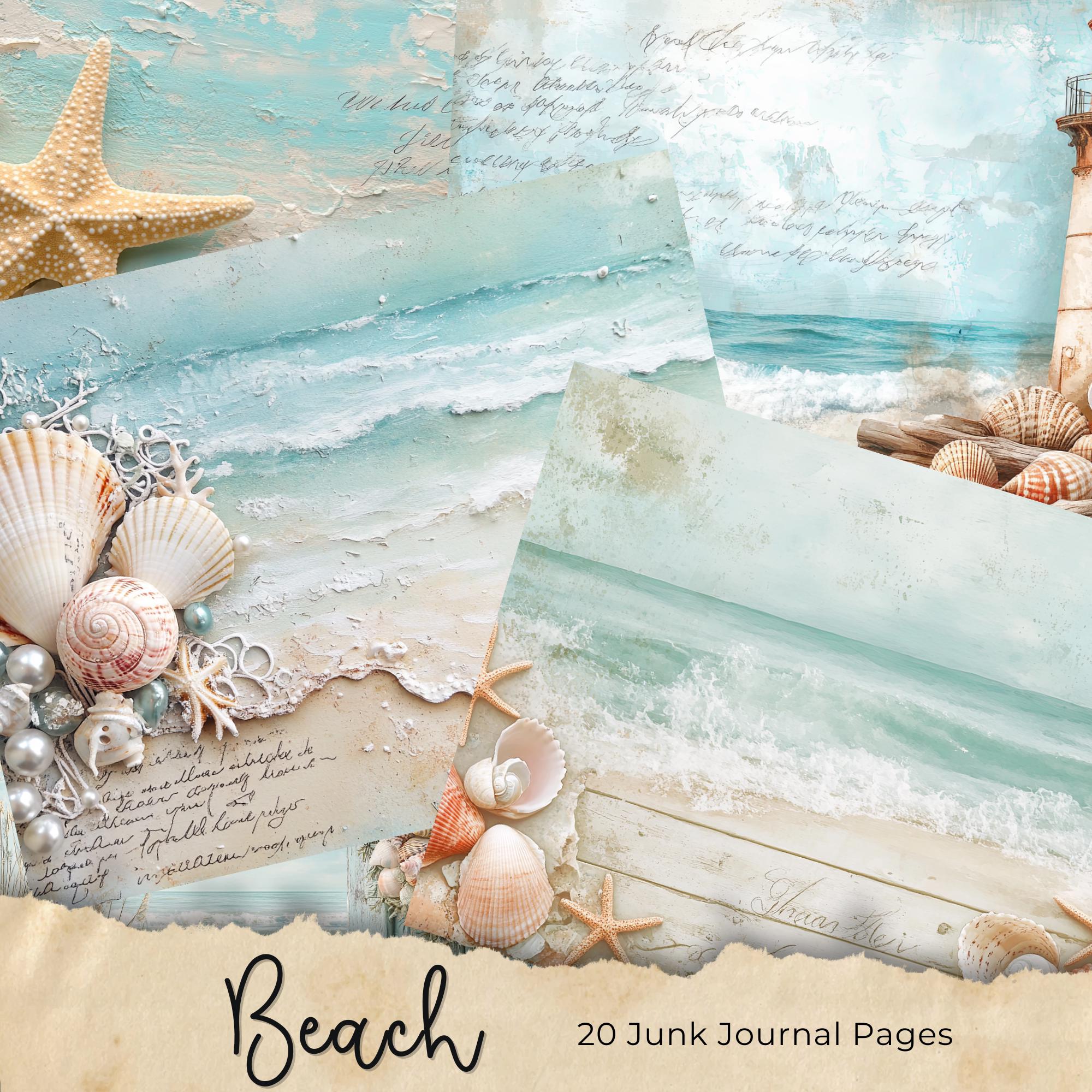 Vintage Beach Junk Journal Pages, Digital Beach Themed Scrapbook