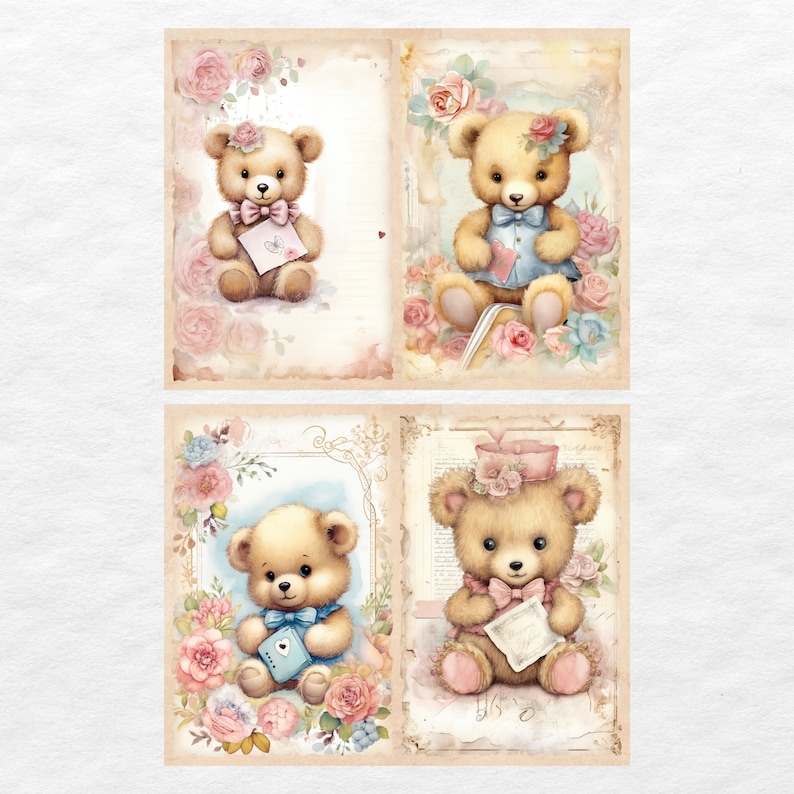 May include: Four digital scrapbook paper designs featuring teddy bears with floral accents. Each design has a vintage aesthetic with a light brown background and a light blue border.
