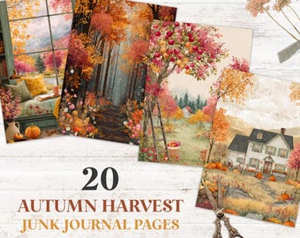 May include: A collection of 20 Autumn Harvest junk journal pages with watercolor illustrations of fall scenes. The images include a window view, a forest path, an apple tree, and a farmhouse. The text reads "Autumn Harvest Junk Journal Pages" and "Instant Download | Mix & Match".