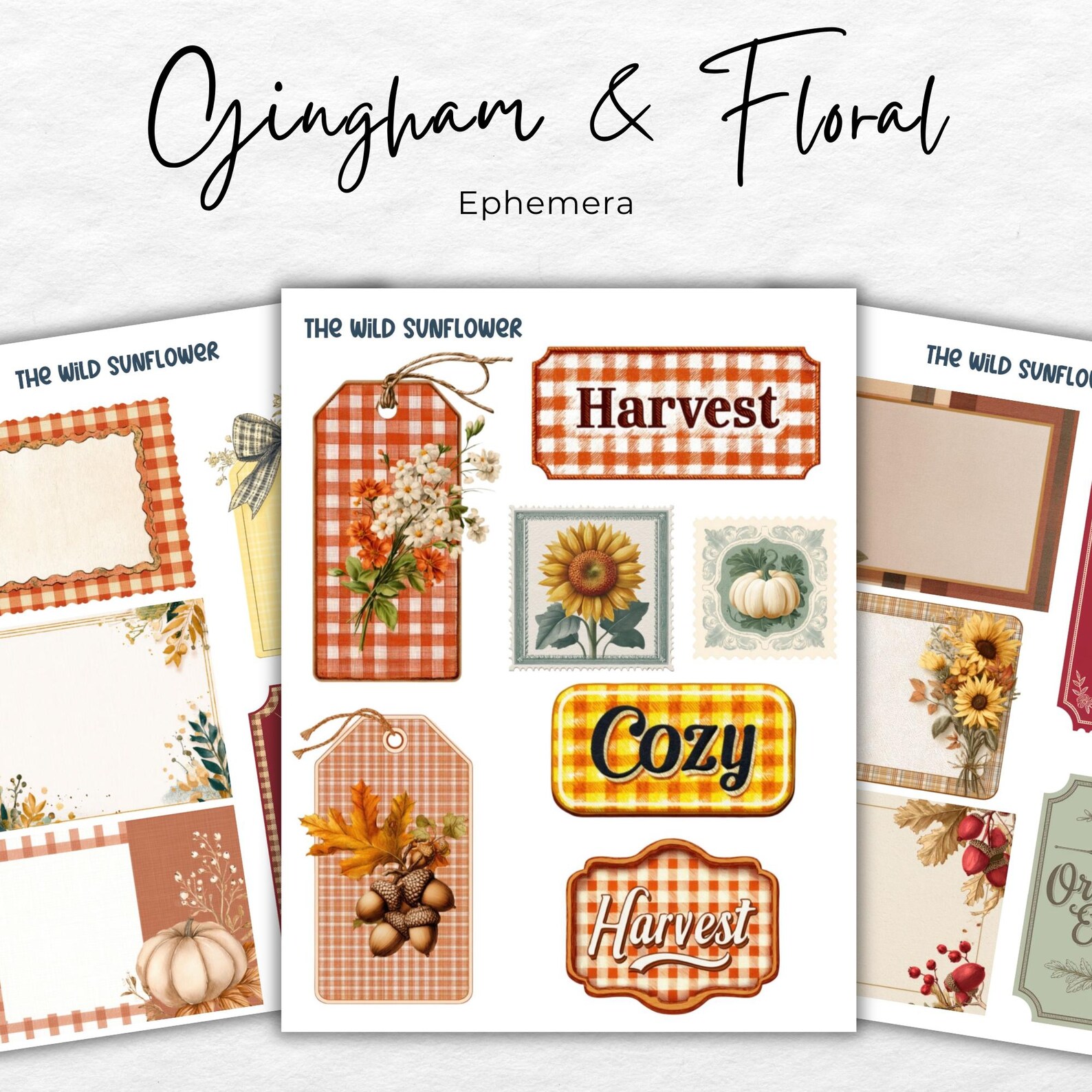 Digital Junk Journal Kit Fall Gingham Floral, Autumn Printable Ephemera ...