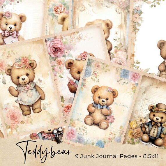 Watercolor Teddy Bear, Printable Junk Journal Pages, Cute Teddy Bear, Digital Collage Sheet, Digital Download Journal Page, Vintage Card
