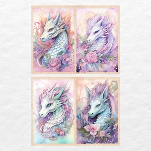 May include: Four watercolor paintings of white dragons with floral accents. Each dragon has a different pose and expression. The paintings are set against a light pink and blue background.
