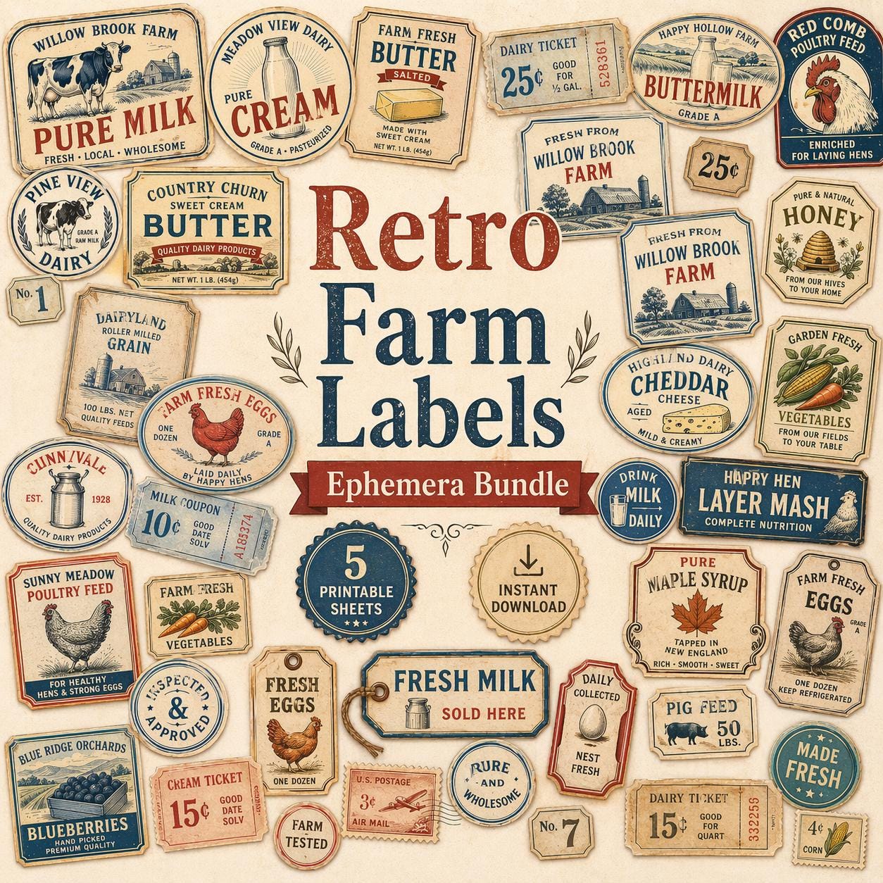 Vintage Farm Ephemera Bundle, Printable Farm Labels, Dairy Tags ...