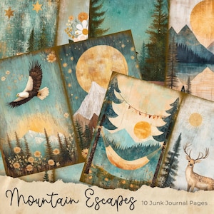 Belles pages de carnet de voyage nature, kit de carnet de voyage aquarelle montagne et forêt, feuille de papier artisanal shabby chic, scrapbooking éphémère