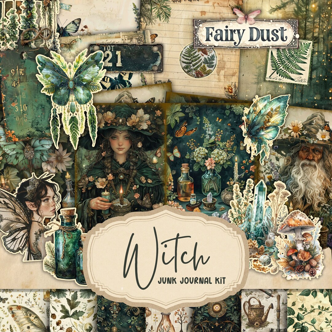 Green Witch Junk Journal Kit, Spell Book Witch Collage Printables ...