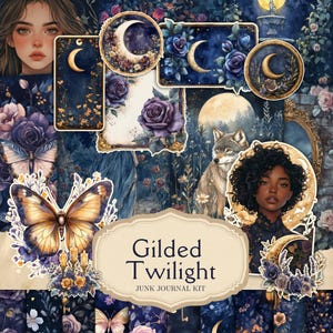 Vergulde Twilight Junk Journal Kit, Celestial halve pagina's, volledige pagina's, kaarten, tags, folio, plakboekvoorraad, ATC, digitale gegevens, afdrukbaar