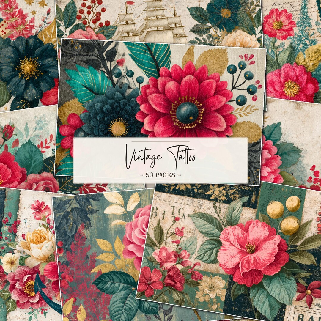 Vintage Floral Junk Journal Pages Bold Botanical Paper Pack Tattoo ...