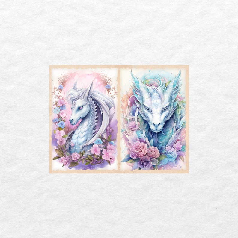 May include: Two watercolor illustrations of white dragons with floral accents. The dragon on the left is a white dragon with blue eyes and a pink and purple floral background. The dragon on the right is a white dragon with blue eyes and a blue and purple floral background.