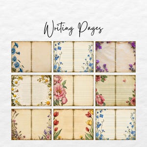 Op de afbeelding: Negen printbare pagina's met bloemranden en een geregeerd schrijfgedeelte. De pagina's bevatten verschillende bloemen, waaronder blauwe bellen, madeliefjes, pioenen, tulpen en lavendel.