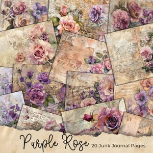 Vintage Purple Rose Junk Journal Page Bundle, Shabby Chic, Printable Journal Paper Kit, Digital Download, Scrapbook Supplies, Craft Paper