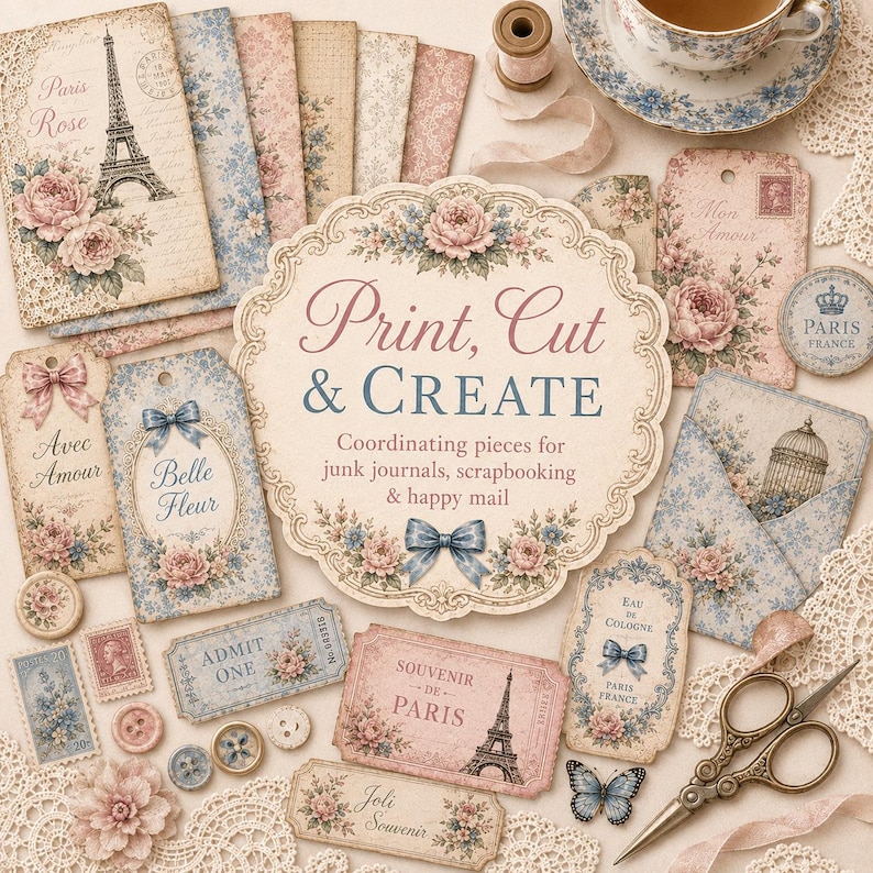 May include: A collection of paper ephemera for scrapbooking featuring floral patterns, Eiffel Tower illustrations, and vintage-style tags. A central circular card displays the text Print, Cut & CREATE with coordinating pieces like envelopes, stamps, and buttons.