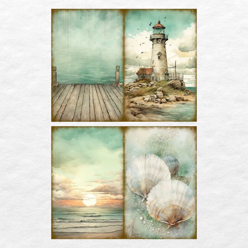 May include: A collage of four watercolour paintings depicting a seascape. The top left image shows a wooden dock extending over a body of water. The top right image shows a lighthouse on a rocky shore. The bottom left image shows a sunset over the ocean. The bottom right image shows two seashells with a watercolour background.