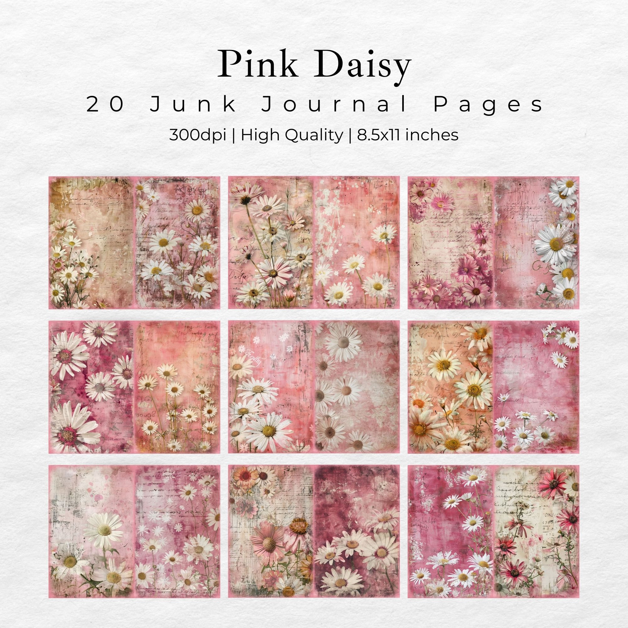 Pink Daisy Junk Journal Pages, Digital Scrapbook Paper Kit, Floral ...