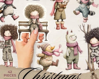 Lalka świąteczna i przyjaciele – wycinanki: vintage'owe, drukowane drobiazgi do pamiętników, naklejki do pobrania w wersji cyfrowej i scrapbookingu