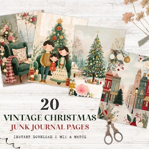 Könnte beinhalten: Eine Sammlung von 20 Vintage-Weihnachts-Junk-Journal-Seiten. Die Seiten zeigen Aquarellillustrationen von Weihnachtsbäumen, Familien und Winterszenen. Der Text "Vintage Christmas Junk Journal Pages" ist zu sehen.