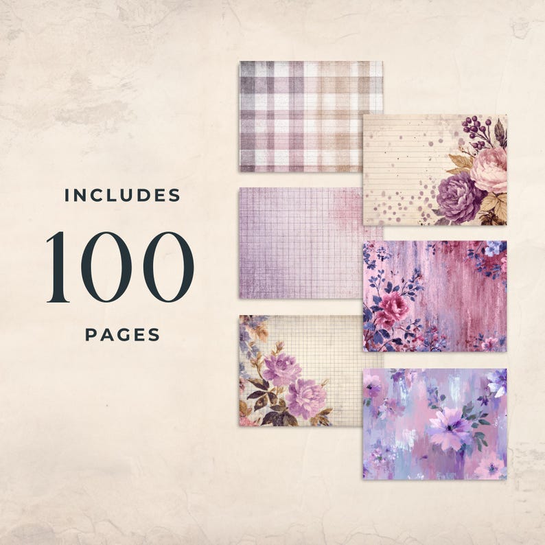 Purple Digital Paper Bundle, Grunge Scrapbook Paper, Vintage Floral ...