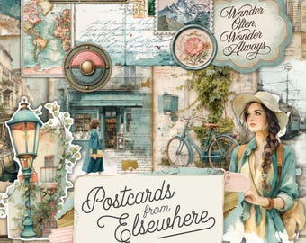 May include: A collage featuring travel-themed ephemera, including postcards, stamps, and a vintage map. The text "Postcards from Elsewhere" is prominently displayed. The color palette is soft, with muted blues, greens, and beige tones, evoking a sense of nostalgia and wanderlust.