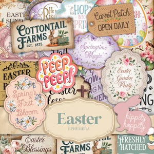 Etichette pasquali vintage, etichette pasquali stampabili, effimeri pasquali, coniglietto pasquale, forniture per diari di primavera, effimeri primaverili, etichette regalo, coniglietti