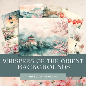 Könnte beinhalten: Ein Set mit 20 digitalen Hintergrundpapieren mit Aquarell-Illustrationen von asiatisch inspirierten Szenen. Die Papiere enthalten Bilder von Kirschblüten, Pagoden, Brücken, Laternen und Kranichen. Die Papiere sind perfekt für Scrapbooking, Kartenherstellung und andere Bastelprojekte.
