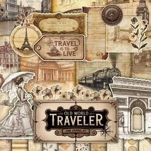 The Traveler Printable Junk Journal Kit Vintage Grunge Digital Download Antique Scrapbook Paper Collage Sheets Travel Ephemera Industrial