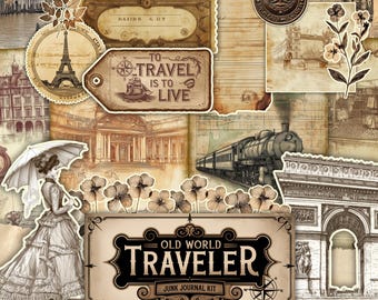 May include: A vintage-style junk journal kit with the title "Old World Traveler". The kit features images of travel, including a train, a clock tower, and the Eiffel Tower. The kit also includes various paper textures and ephemera.