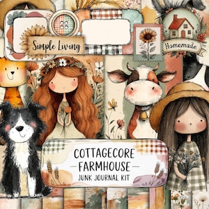 ファームジャンクジャーナルキット、デジタル水彩画の田舎風ペーパー、印刷可能なヴィンテージスクラップブックキット、農場の動物のコラージュシート、田舎暮らし