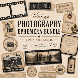 May include: A selection of vintage photography ephemera, including film strips, stamps, tags, and a camera illustration. The design features the text "Vintage Photography Ephemera Bundle" and other phrases like "Focus on the Good" and "Collect Moments, Not Things."