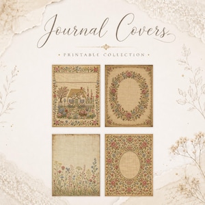 May include: A collection of four rectangular printable journal covers featuring vintage-style botanical and cottage illustrations on a textured beige background. The text "Journal Covers" and "PRINTABLE COLLECTION" is displayed at the top.
